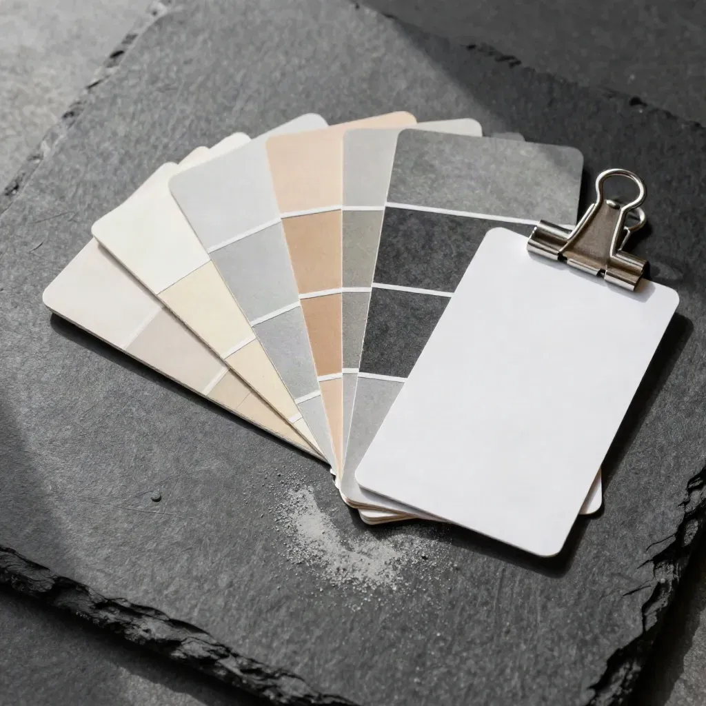 Paint swatches, aluminum clips, and blank proof cards on charcoal plaster in warm soft light.