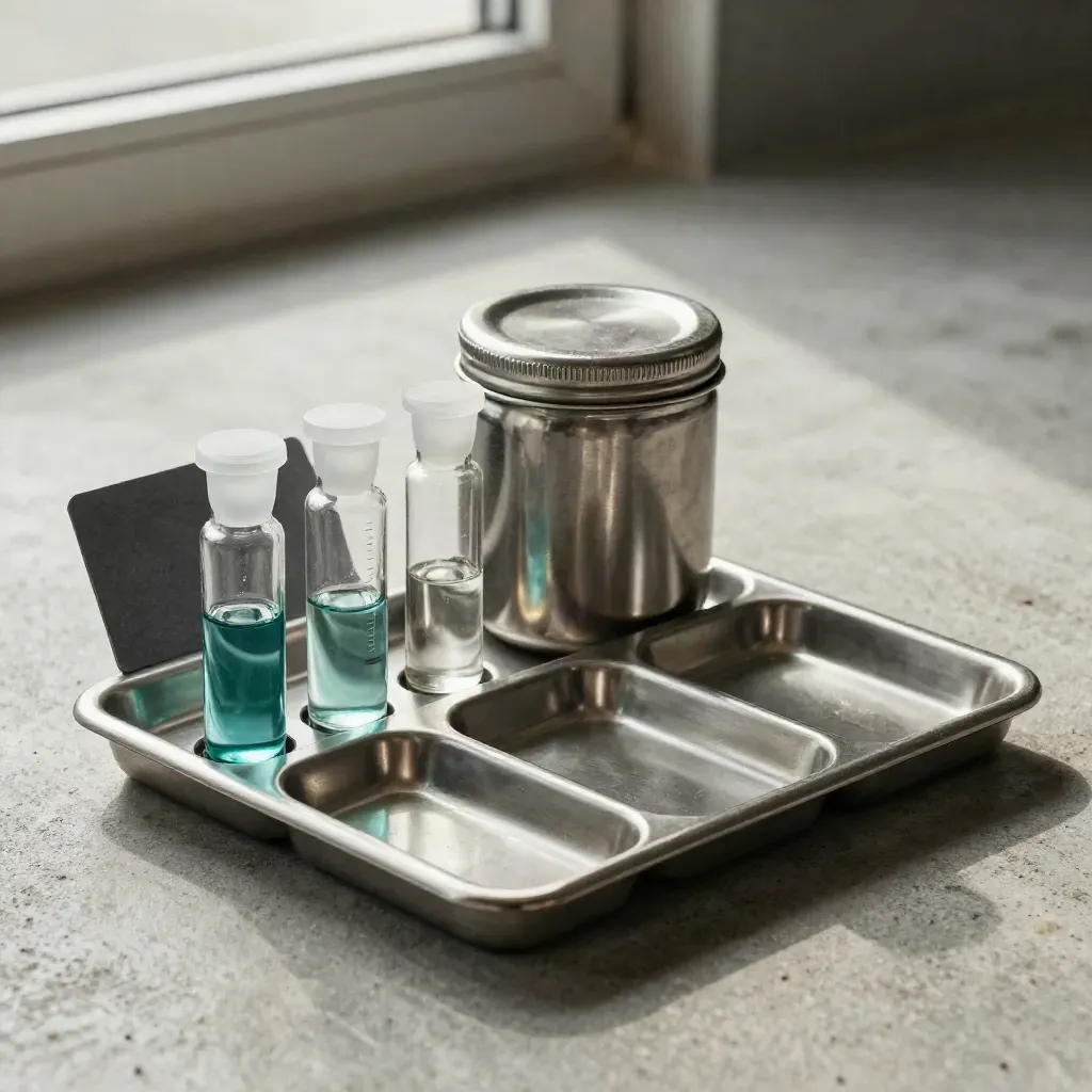 Glass vials, specimen jar, and segmented lab tray on brushed concrete in dramatic studio light.
