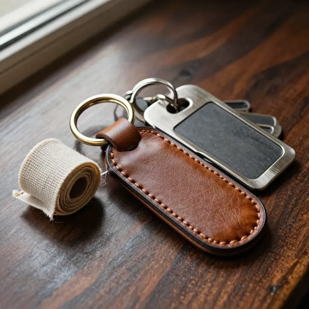 Hotel key fob, linen ribbon spool, and metal luggage tags on dark wood in soft light