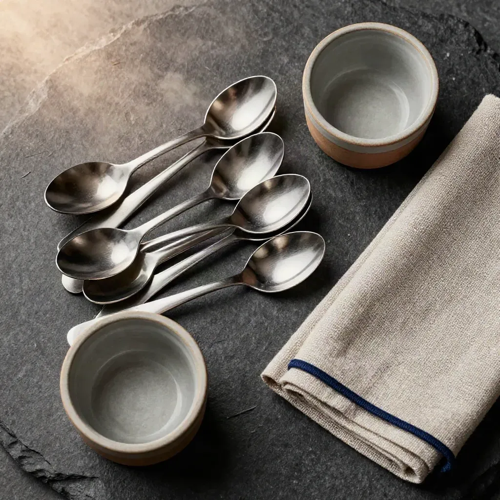 Top-down tasting spoons, ceramic ramekins, and folded linen napkins on stone with soft haze.