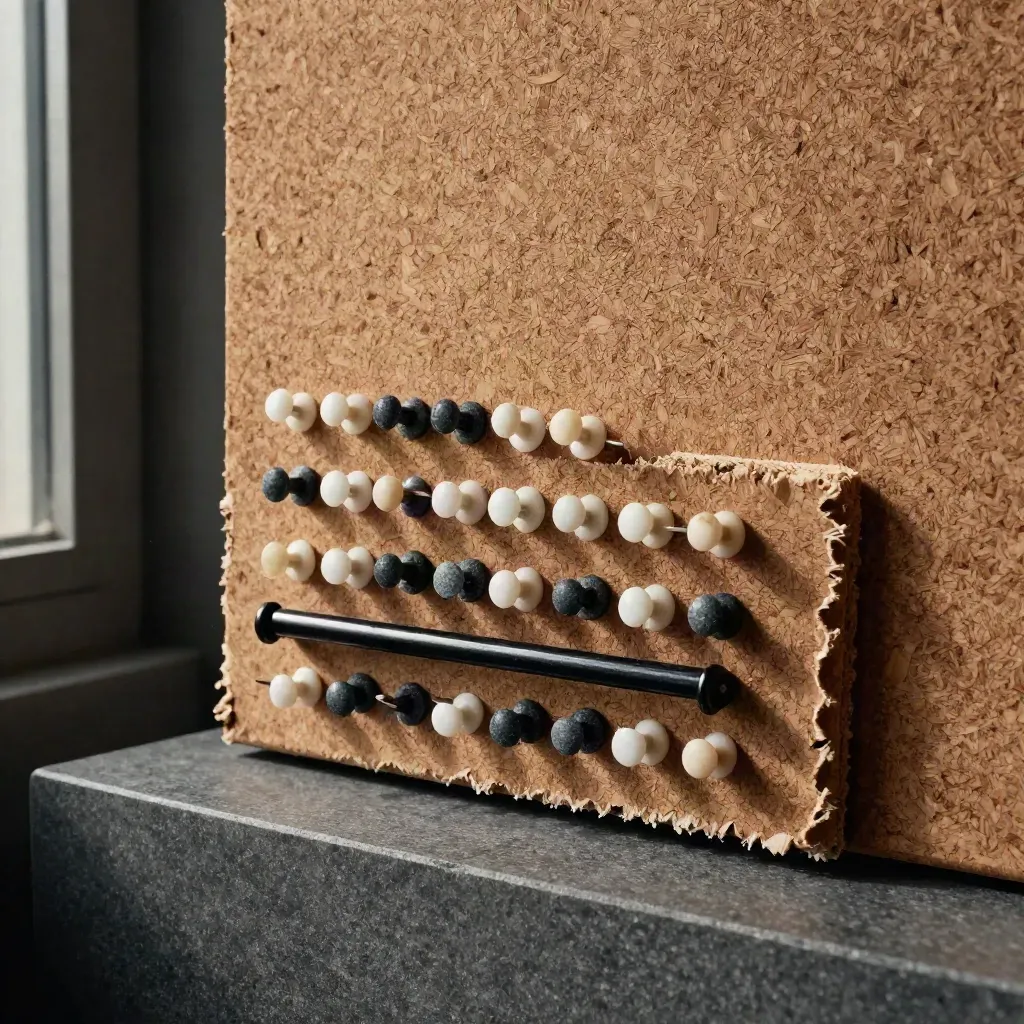 Cork pinboard corner with pushpins, tabs, and a black clip rail on graphite stone.
