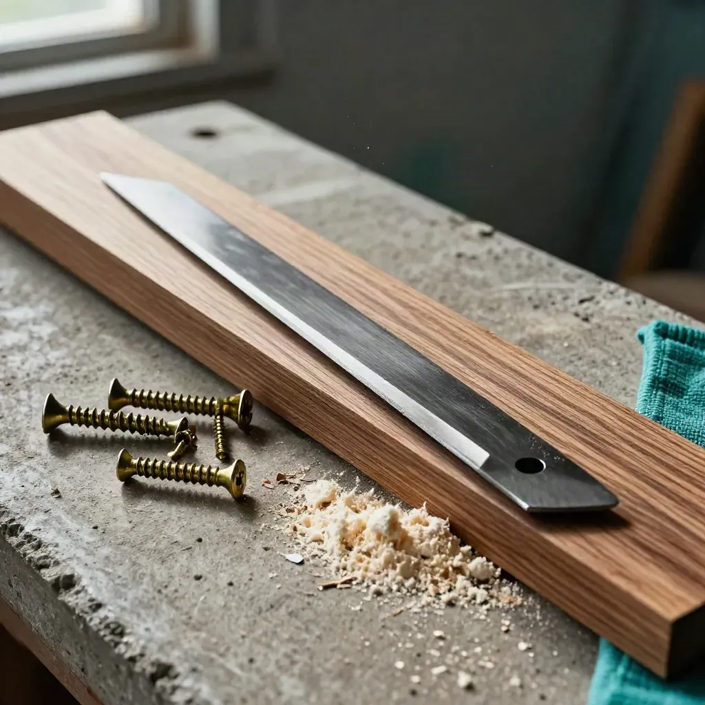 Walnut offcuts, a steel plane blade, and brass screws on raw concrete with teal accent.