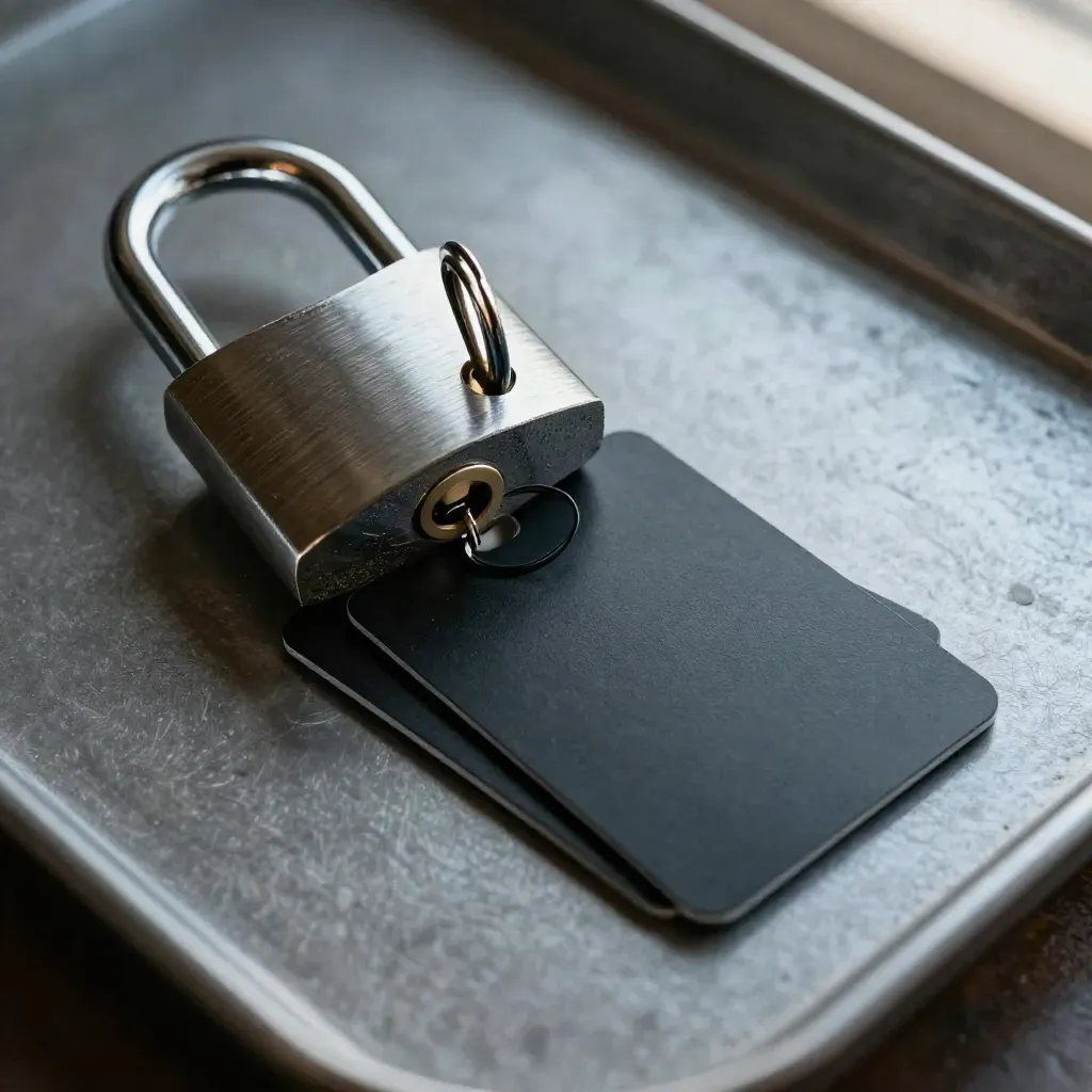 Macro padlock clasp shutting around black access cards beside a rubber seal on graphite metal.