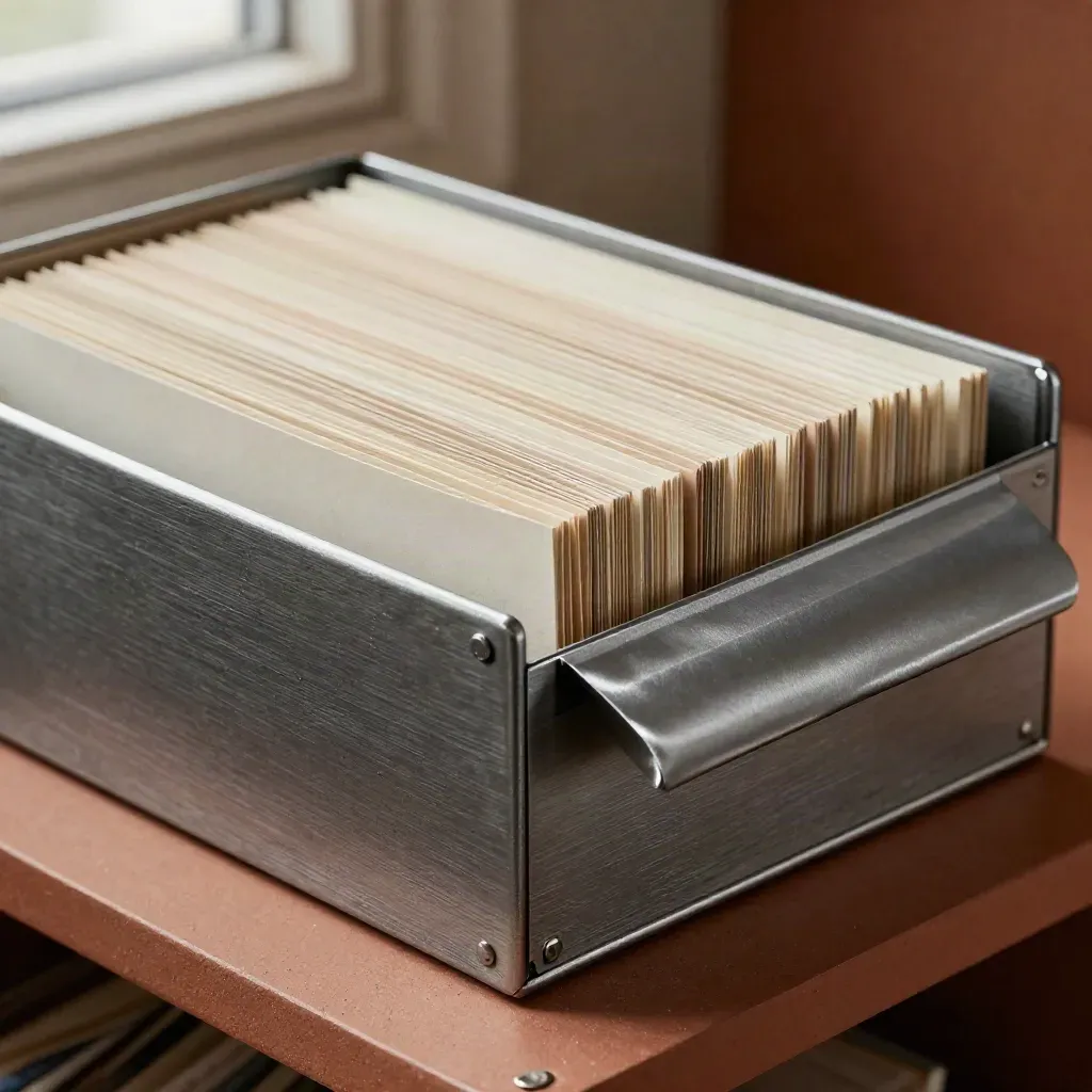 Steel directory box with blank tabbed sleeves and a sliding divider in soft side light.