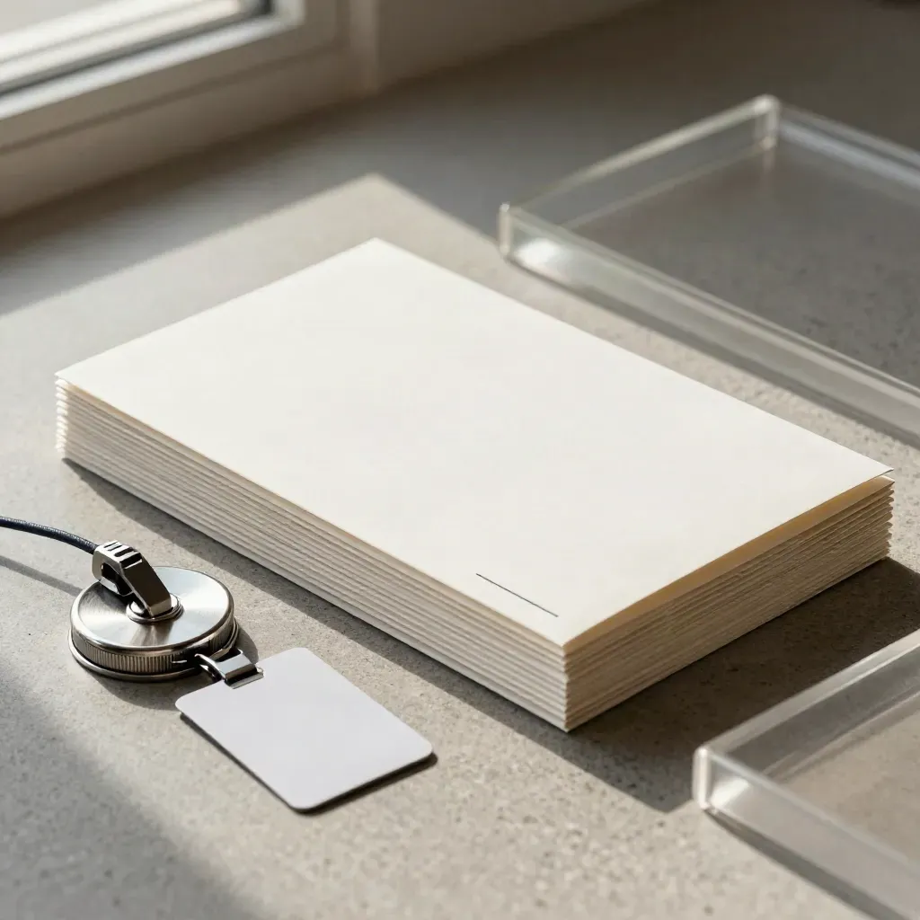 Matte clicker, sealed mailers, badge reel, and frosted acrylic on a stone counter in dramatic light.