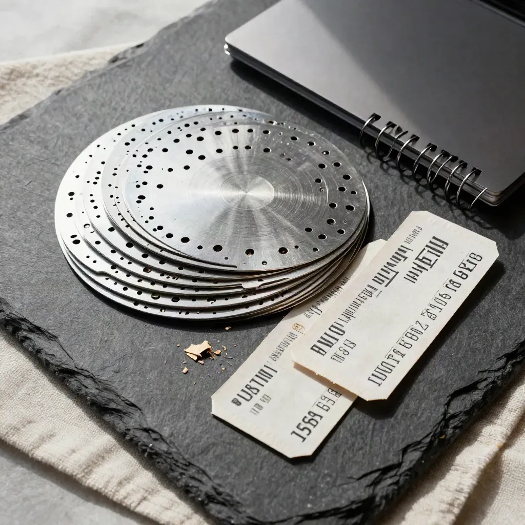 Overhead still life of planner discs, ring spine, and folded tickets on stone