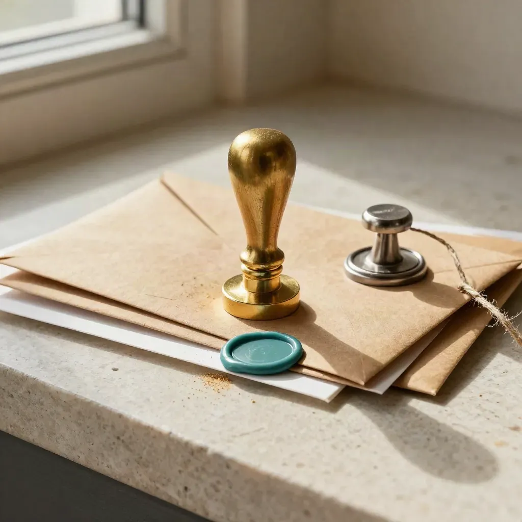 Brass seal stamp above teal wax beside kraft envelopes and a postage weight on pale stone.