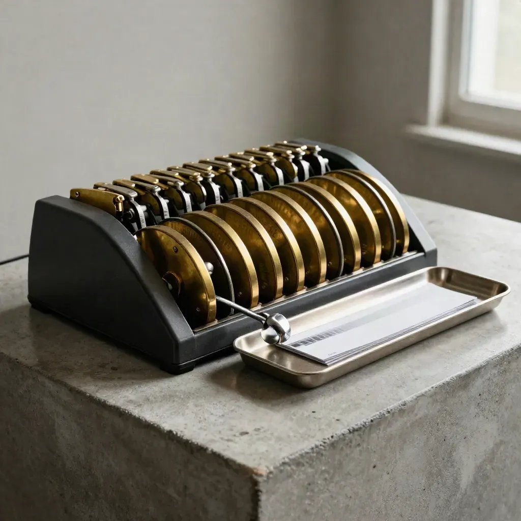 Brass tally counters and audit tray on concrete, mid-click in a dramatic studio still life.