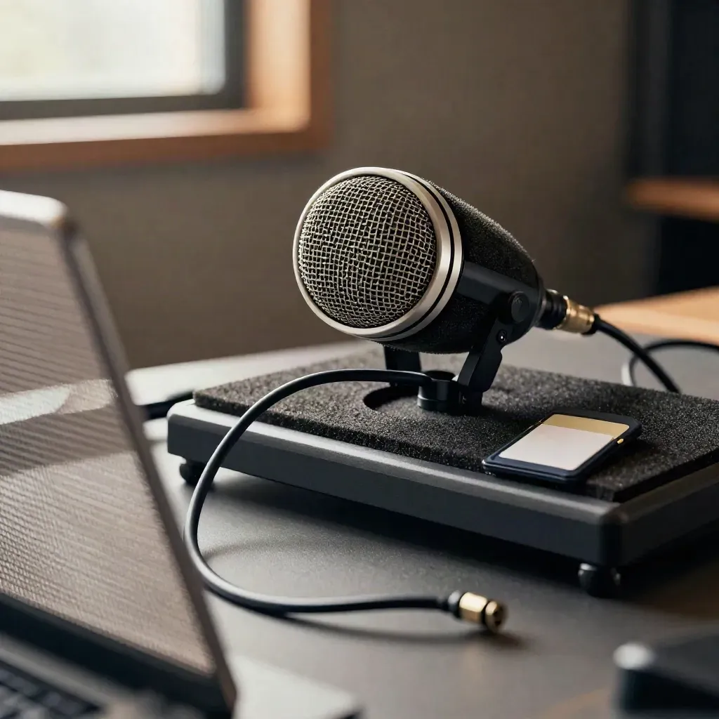 Macro of a podcast microphone capsule, coiled cable and blank card case beside a blurred mesh screen.