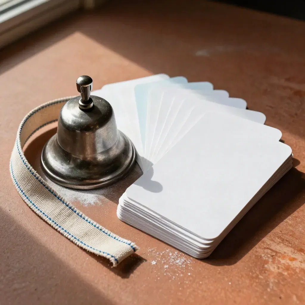 Overhead still life of flashcards, a class bell, and linen ribbon on clay with chalk dust.