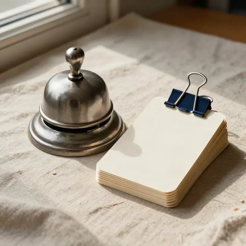 Bell, fanned flashcards, and navy binder clip on linen with chalk dust.