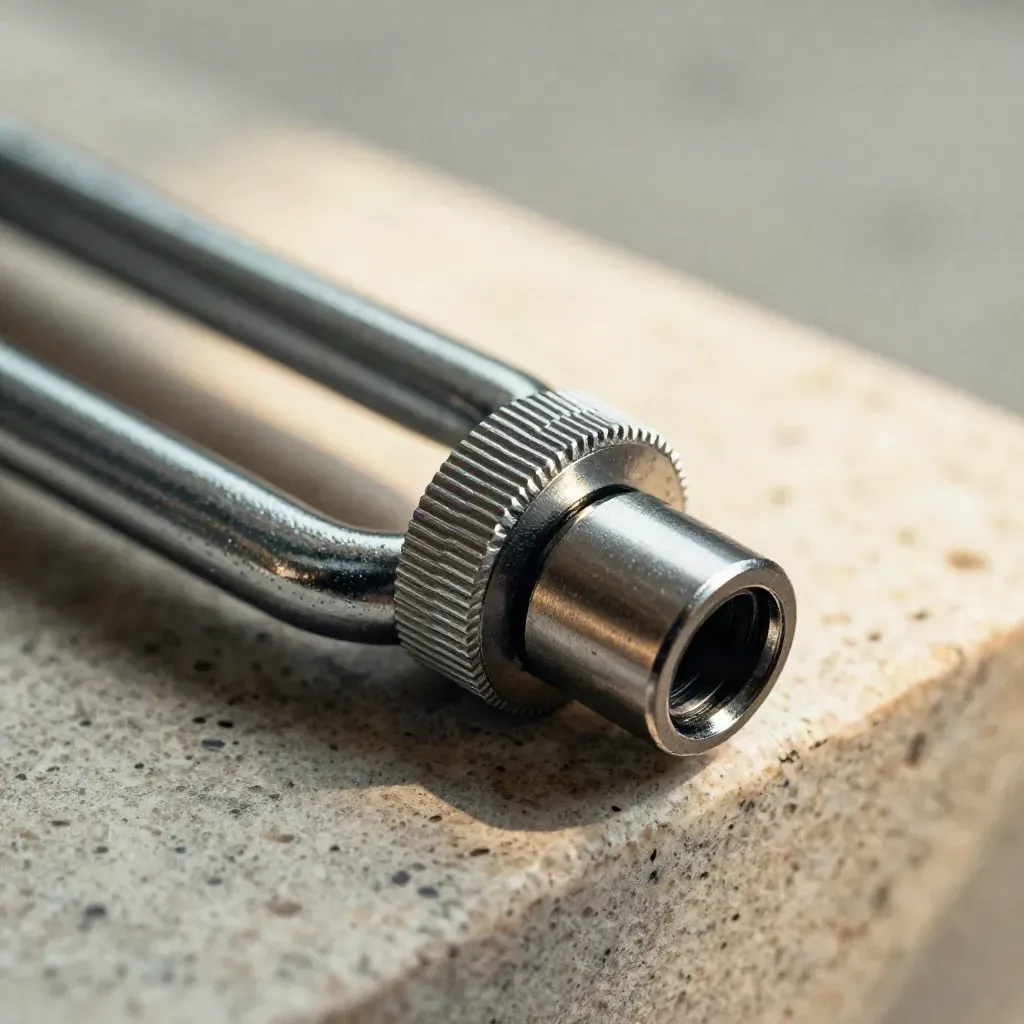 Macro of aluminum coupling rings, a knurled joiner, and a magnetic port cap on pale stone.