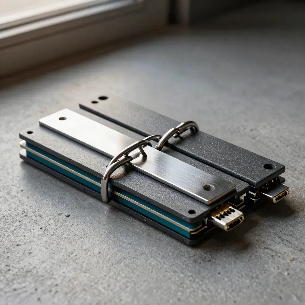 Connector plates and linked steel loops in a close macro on concrete with a subtle teal accent.