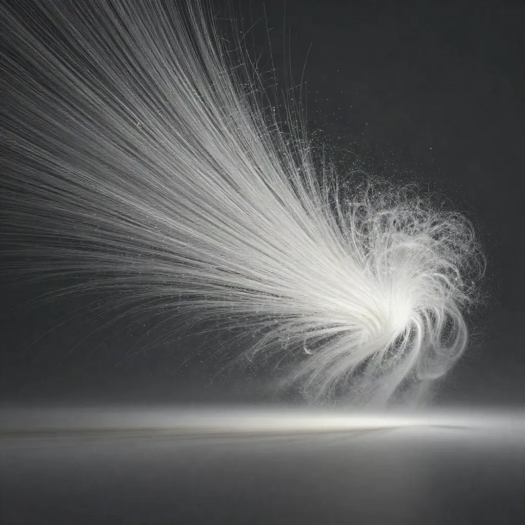 Silver filaments gather into a white bloom in dark graphite haze, with empty space below.