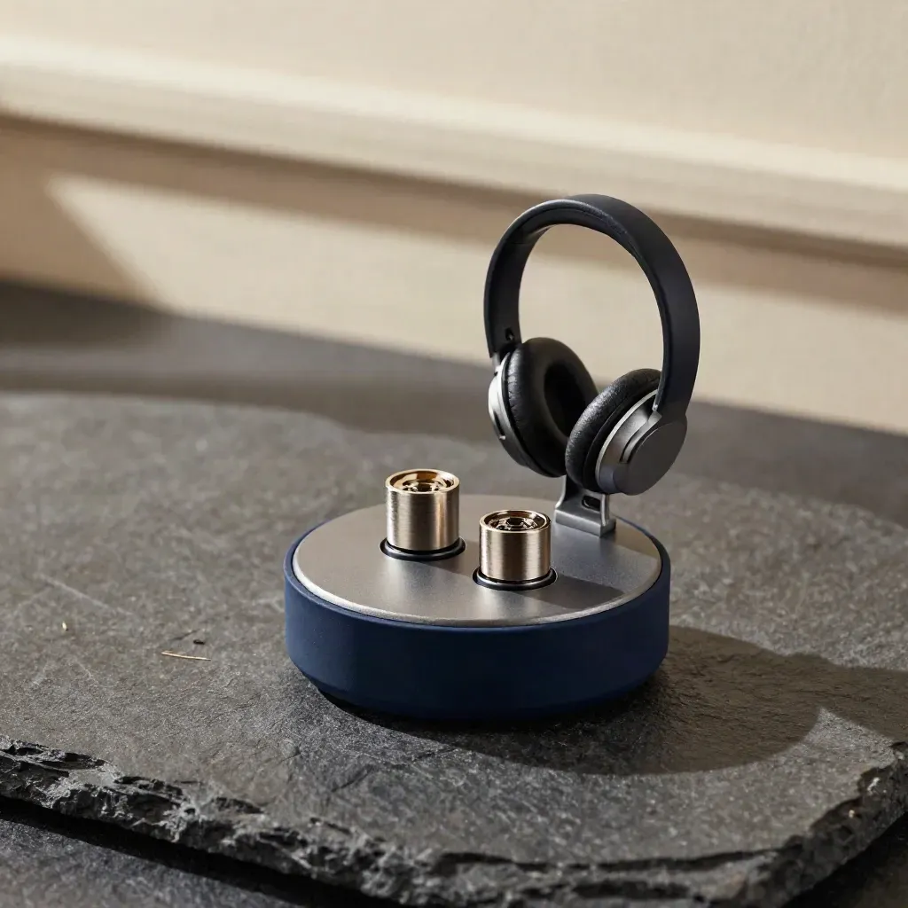 Top-down still life of speaker puck, adapters, and headset stand on dark stone