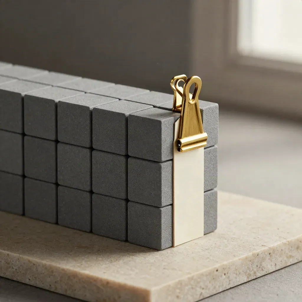 Graphite modular blocks, a thin spacer sheet, and a brass clip on limestone